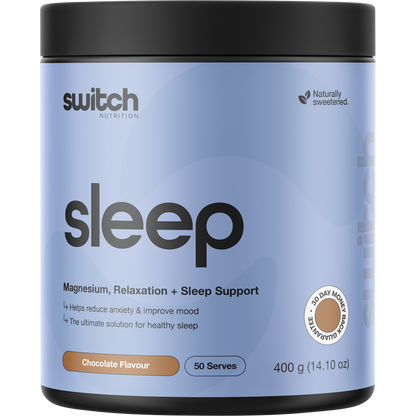 400g tub of Switch Nutrition Sleep Magnesium Chocolate powder supplement with a black and gold label.