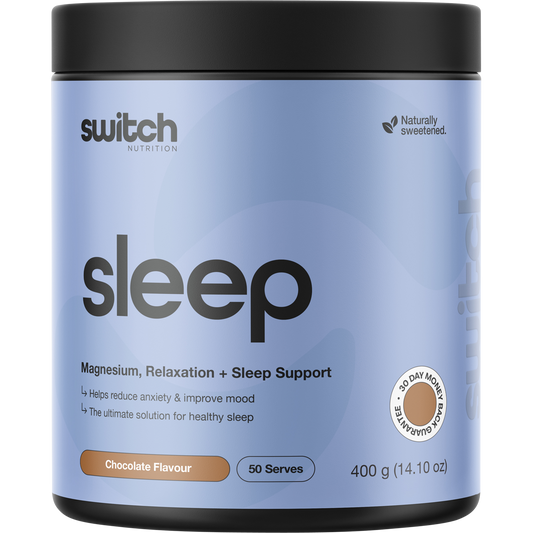 400g tub of Switch Nutrition Sleep Magnesium Chocolate powder supplement with a black and gold label.
