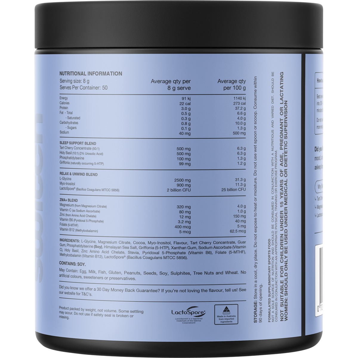 Back of a 400g tub of Switch Nutrition Sleep Magnesium Chocolate showing nutritional info and ingredients.
