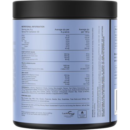 Back of a 400g tub of Switch Nutrition Sleep Magnesium Chocolate showing nutritional info and ingredients.