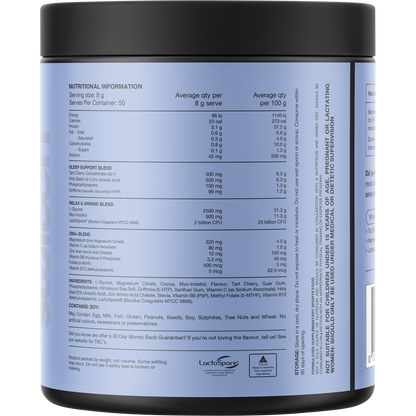 Back of Switch Nutrition Sleep Magnesium Choc Honeycomb tub showing nutritional information and ingredients.