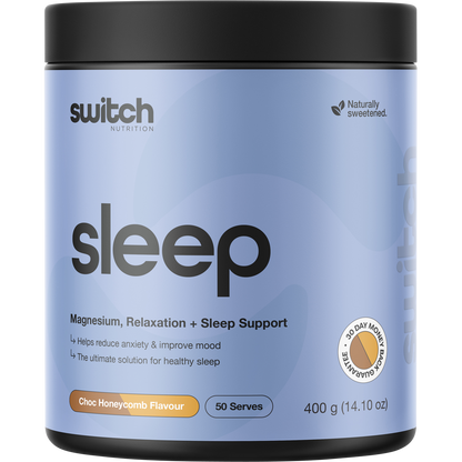 400g tub of Switch Nutrition Sleep Magnesium supplement in Choc Honeycomb flavor.