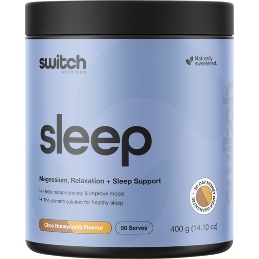 400g tub of Switch Nutrition Sleep Magnesium supplement in Choc Honeycomb flavor.