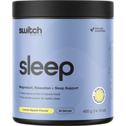 400g tub of Switch Nutrition Sleep Magnesium powder in Lemon Squash flavor.