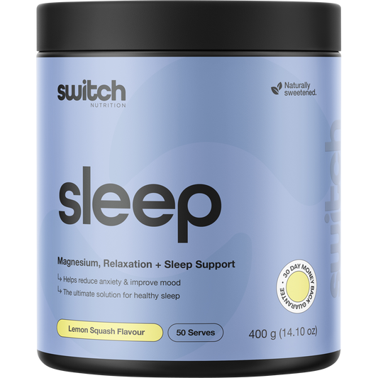 400g tub of Switch Nutrition Sleep Magnesium powder in Lemon Squash flavor.