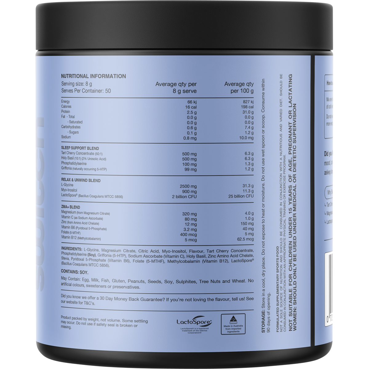 Back of a 400g tub of Switch Nutrition Sleep Magnesium Strawberry Pineapple showing ingredients and nutritional info.