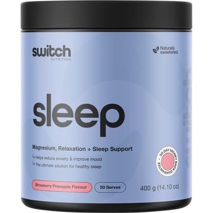 400g tub of Switch Nutrition Sleep Magnesium Strawberry Pineapple flavoured sleep support powder.