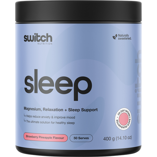 400g tub of Switch Nutrition Sleep Magnesium Strawberry Pineapple flavoured sleep support powder.