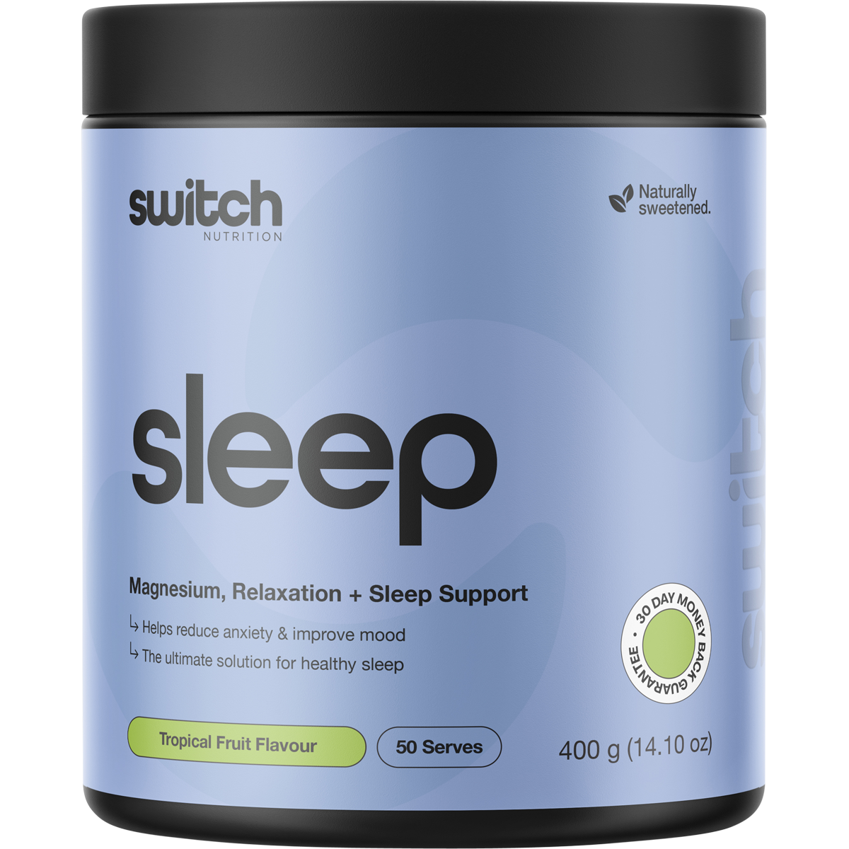 400g tub of Switch Nutrition Sleep Magnesium supplement in Tropical Fruit flavor.