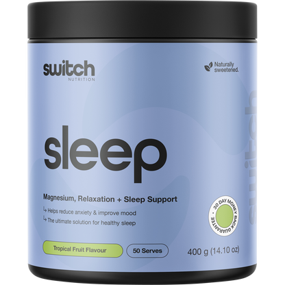 400g tub of Switch Nutrition Sleep Magnesium supplement in Tropical Fruit flavor.
