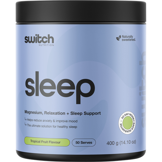 400g tub of Switch Nutrition Sleep Magnesium supplement in Tropical Fruit flavor.