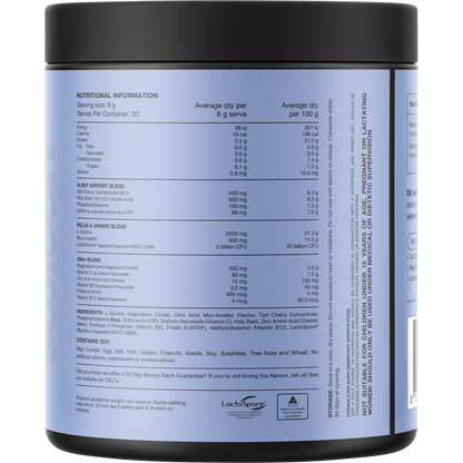 Back of 400g Switch Nutrition Sleep Magnesium Tropical Fruit tub showing nutritional information and directions.