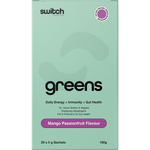 Mango Passionfruit Switch Nutrition Greens 20-pack box featuring a white background with green and orange accents.