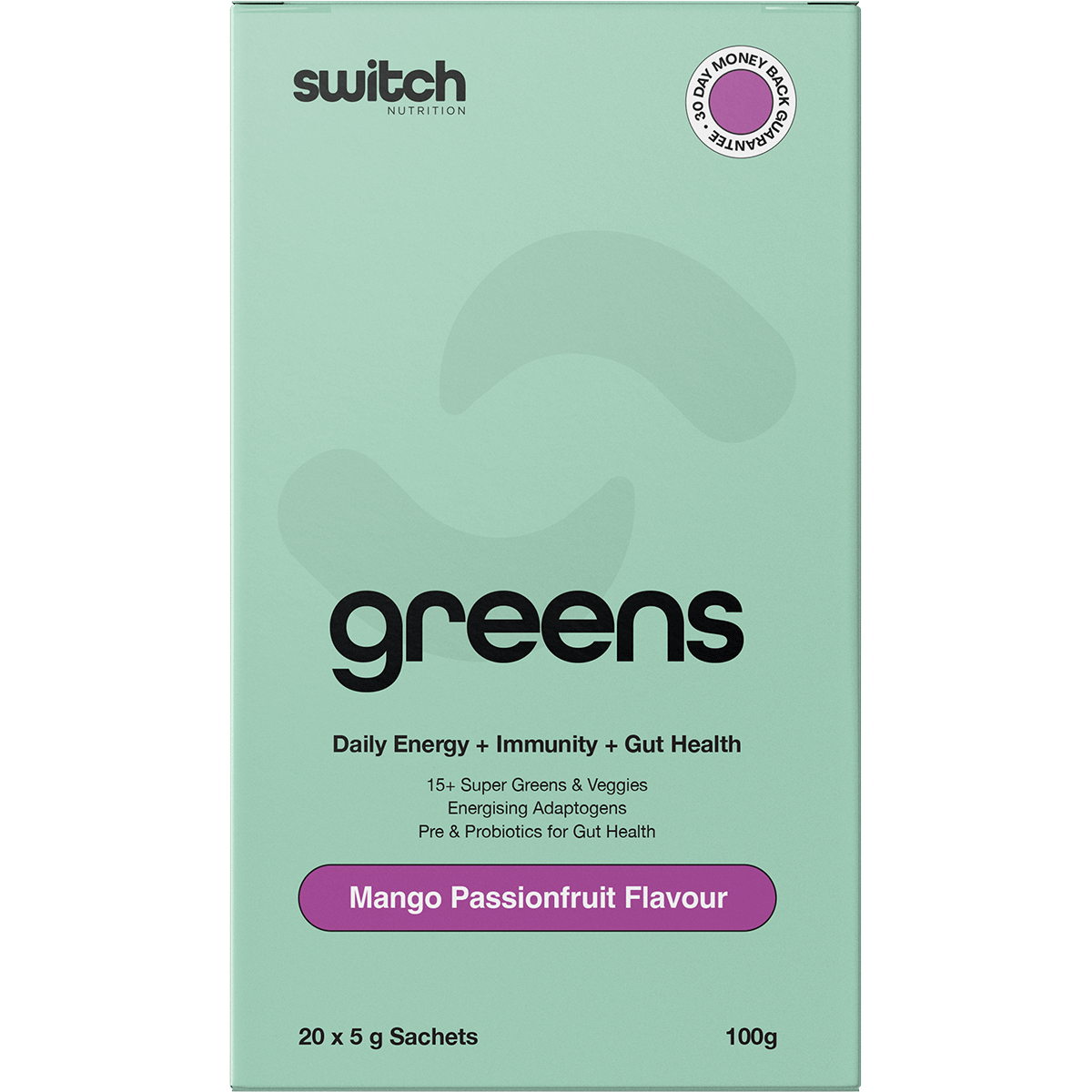 Mango Passionfruit Switch Nutrition Greens 20-pack box featuring a white background with green and orange accents.