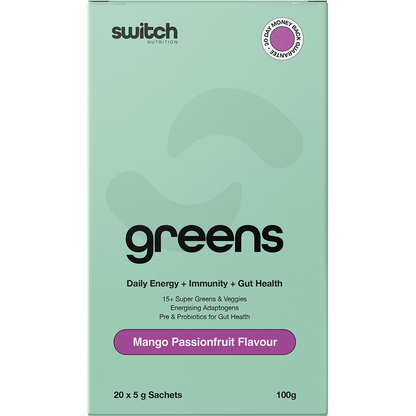 Mango Passionfruit Switch Nutrition Greens 20-pack box featuring a white background with green and orange accents.