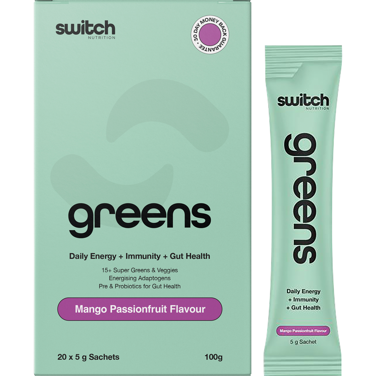 Switch Nutrition Greens 20-pack of Mango Passionfruit 5g sachets shown with a single sachet and a glass of green juice.