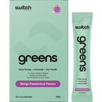 Switch Nutrition Greens 20-pack of Mango Passionfruit 5g sachets shown with a single sachet and a glass of green juice.