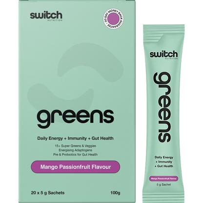 Switch Nutrition Greens 20-pack of Mango Passionfruit 5g sachets shown with a single sachet and a glass of green juice.