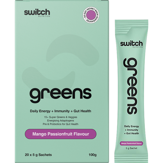 Switch Nutrition Greens 20-pack of Mango Passionfruit 5g sachets shown with a single sachet and a glass of green juice.