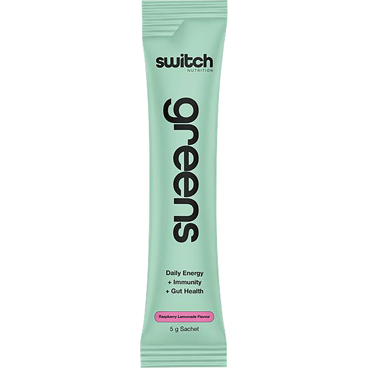 Switch Nutrition Greens Raspberry Lemonade 5g sachet featuring a pink and white label on a white background.