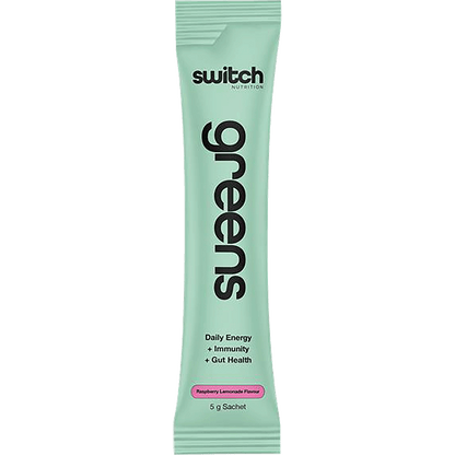 Switch Nutrition Greens Raspberry Lemonade 5g sachet featuring a pink and white label on a white background.