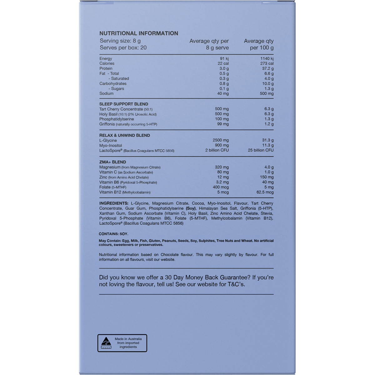 Back of Switch Nutrition Sleep Magnesium box showing ingredient list, nutrition facts, and 20 assorted flavor sachets.
