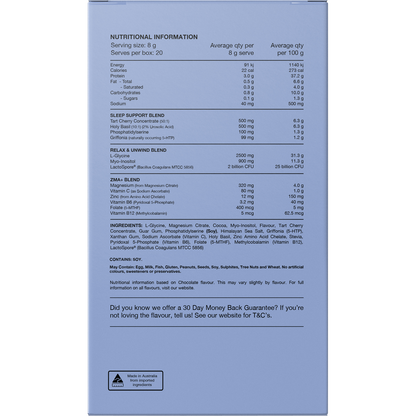 Back of Switch Nutrition Sleep Magnesium box showing ingredient list, nutrition facts, and 20 assorted flavor sachets.