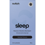 Box of 20 assorted Switch Nutrition Sleep Magnesium sachets including chocolate, strawberry, and lemon flavours.