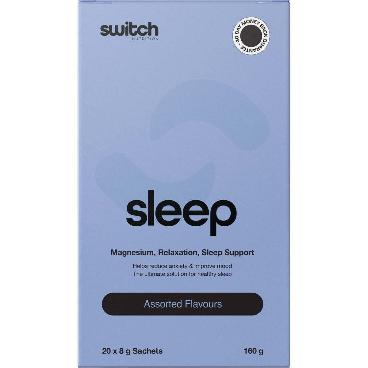 Box of 20 assorted Switch Nutrition Sleep Magnesium sachets including chocolate, strawberry, and lemon flavours.