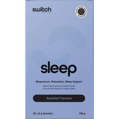 Box of 20 assorted Switch Nutrition Sleep Magnesium sachets including chocolate, strawberry, and lemon flavours.
