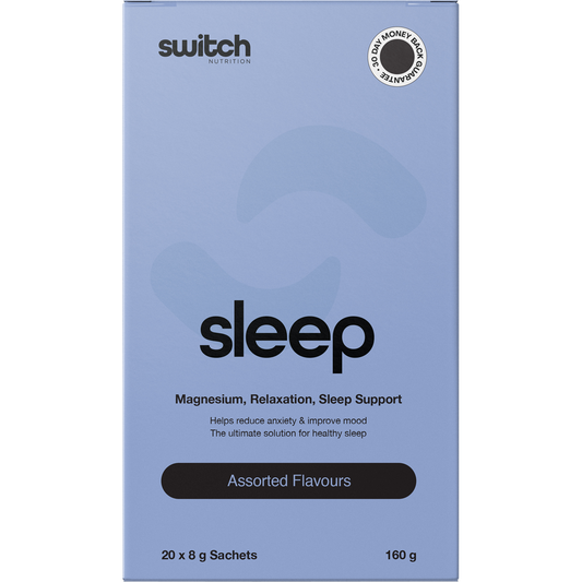 Box of 20 assorted Switch Nutrition Sleep Magnesium sachets including chocolate, strawberry, and lemon flavours.