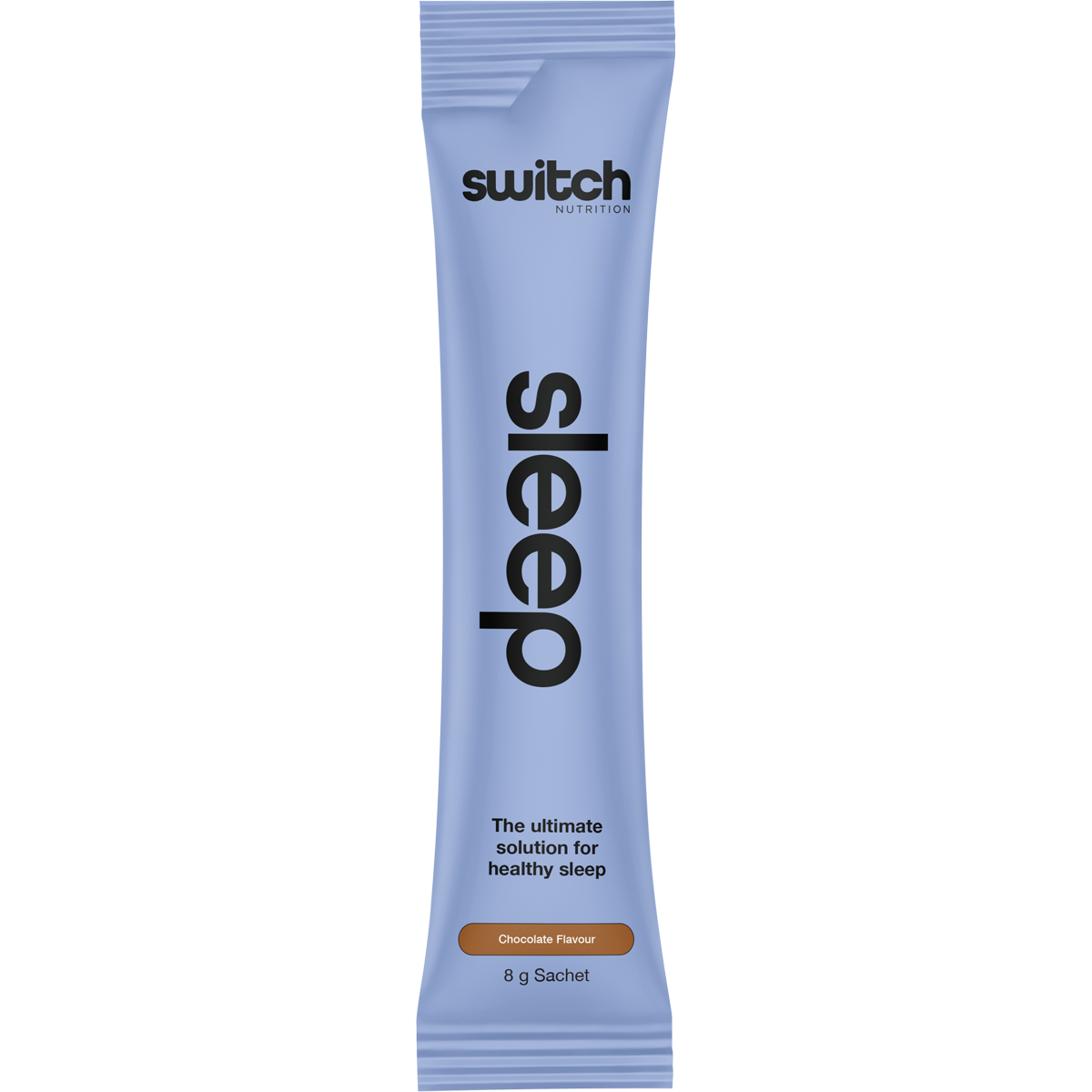 Front of Switch Nutrition Sleep Magnesium Chocolate sachet showing ingredients and key benefits on a white background.