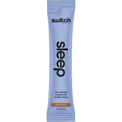 Front of Switch Nutrition Sleep Magnesium Chocolate sachet showing ingredients and key benefits on a white background.