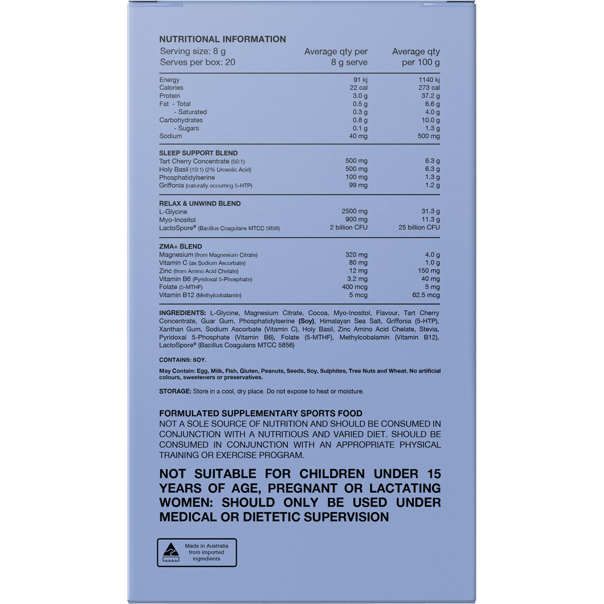 Back of Switch Nutrition Sleep Magnesium Chocolate sachet showing nutrition facts, ingredients, and directions for use.