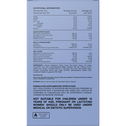 Back of Switch Nutrition Sleep Magnesium Chocolate sachet showing nutrition facts, ingredients, and directions for use.