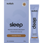 Box and individual chocolate sleep magnesium sachets by Switch Nutrition on a white background.