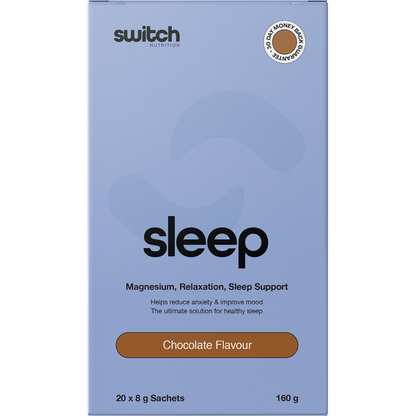 A single 8g chocolate sleep magnesium sachet by Switch Nutrition shown on a plain white background.