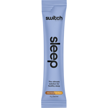 Single-serve sachet of Switch Nutrition Sleep Magnesium Choc Honeycomb showing relax and recover benefits.