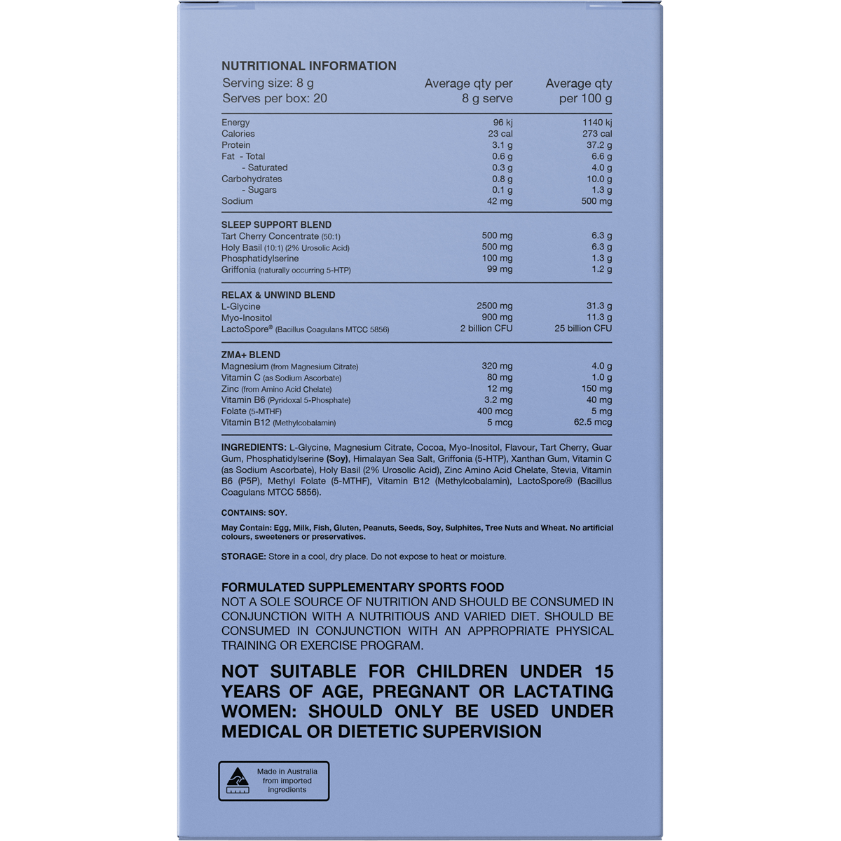 Back of Switch Nutrition Sleep Choc Honeycomb box with nutrition facts, ingredients, and directions.