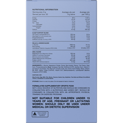 Back of Switch Nutrition Sleep Choc Honeycomb box with nutrition facts, ingredients, and directions.
