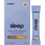 Switch Nutrition Sleep Magnesium Choc Honeycomb 20x8g box with single-serve sachets and product features.