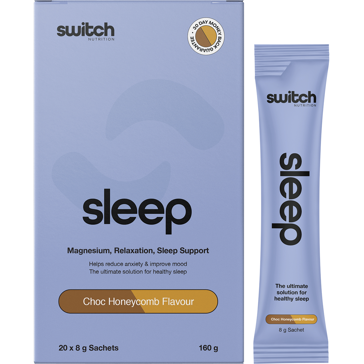 Switch Nutrition Sleep Magnesium Choc Honeycomb 20x8g box with single-serve sachets and product features.