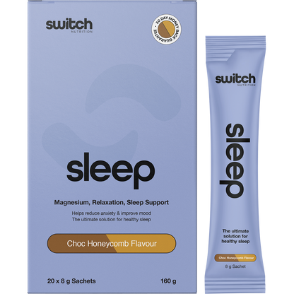 Switch Nutrition Sleep Magnesium Choc Honeycomb 20x8g box with single-serve sachets and product features.