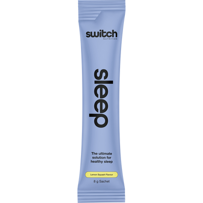 Side view of Switch Nutrition Sleep Magnesium box highlighting benefits like deep sleep and muscle recovery.