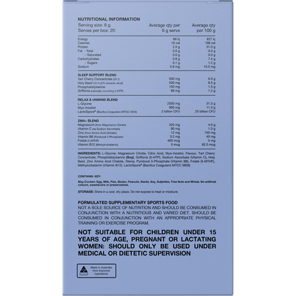 Back of Switch Nutrition Sleep Magnesium Lemon Squash box with nutrition facts, ingredients, and usage directions.