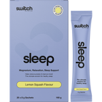 Box of 20 Switch Nutrition Sleep Magnesium lemon squash sachets with individual packets shown in front.