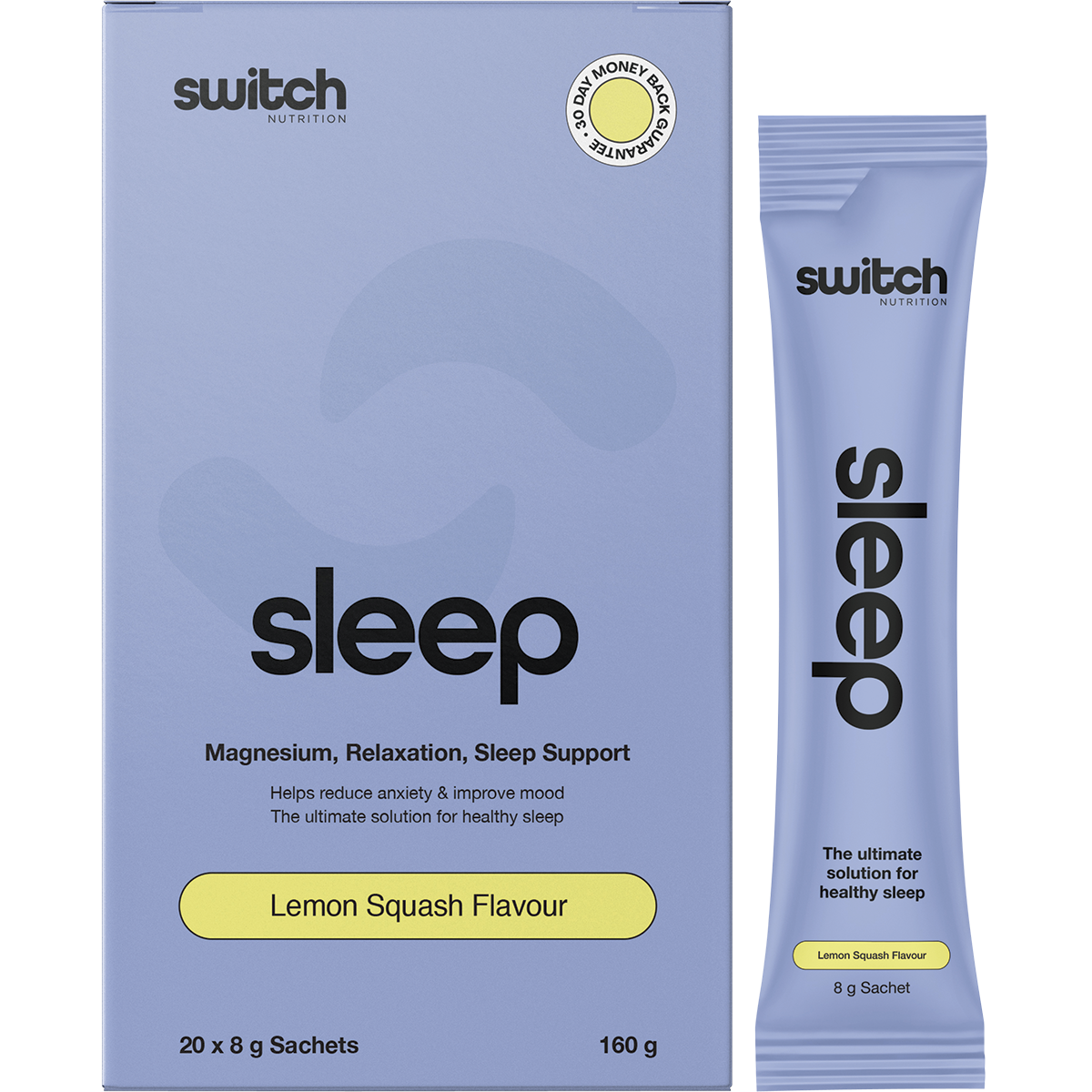 Box of 20 Switch Nutrition Sleep Magnesium lemon squash sachets with individual packets shown in front.