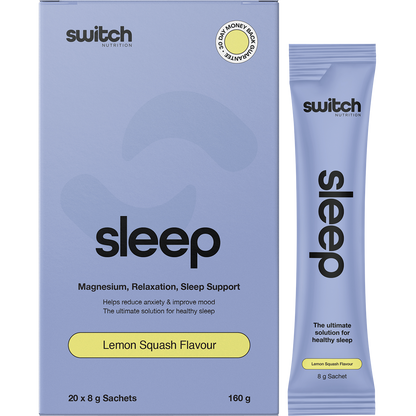 Box of 20 Switch Nutrition Sleep Magnesium lemon squash sachets with individual packets shown in front.