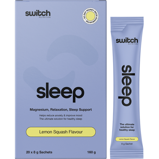 Box of 20 Switch Nutrition Sleep Magnesium lemon squash sachets with individual packets shown in front.