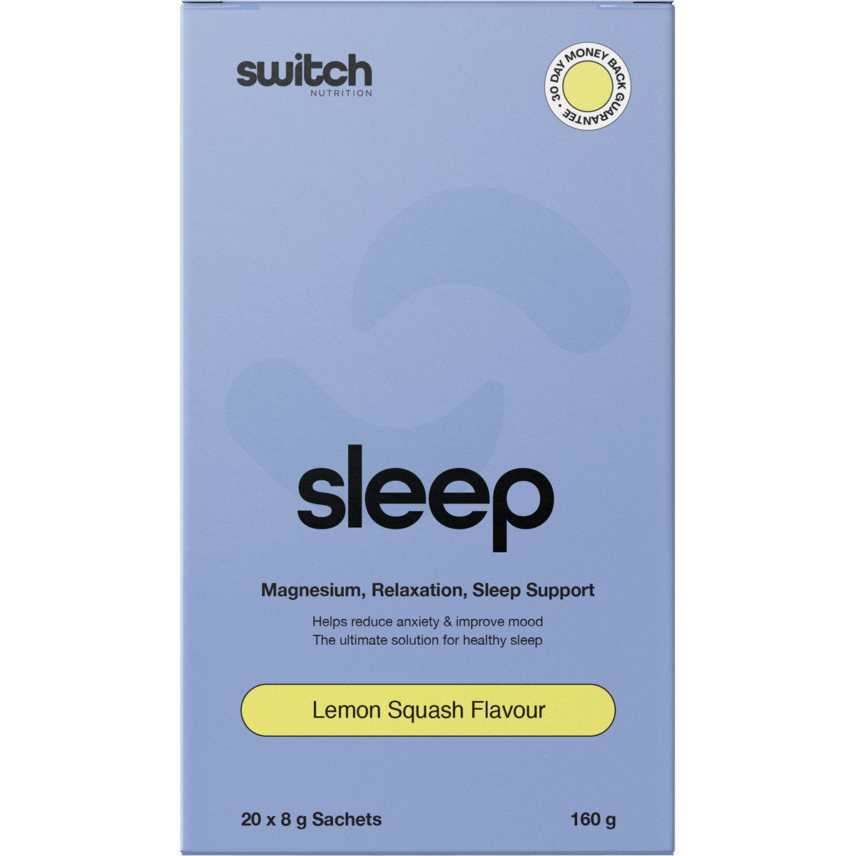 Switch Nutrition Sleep+ Magnesium Lemon Squash 8g sachet in a white, yellow, and blue packet on a white background.